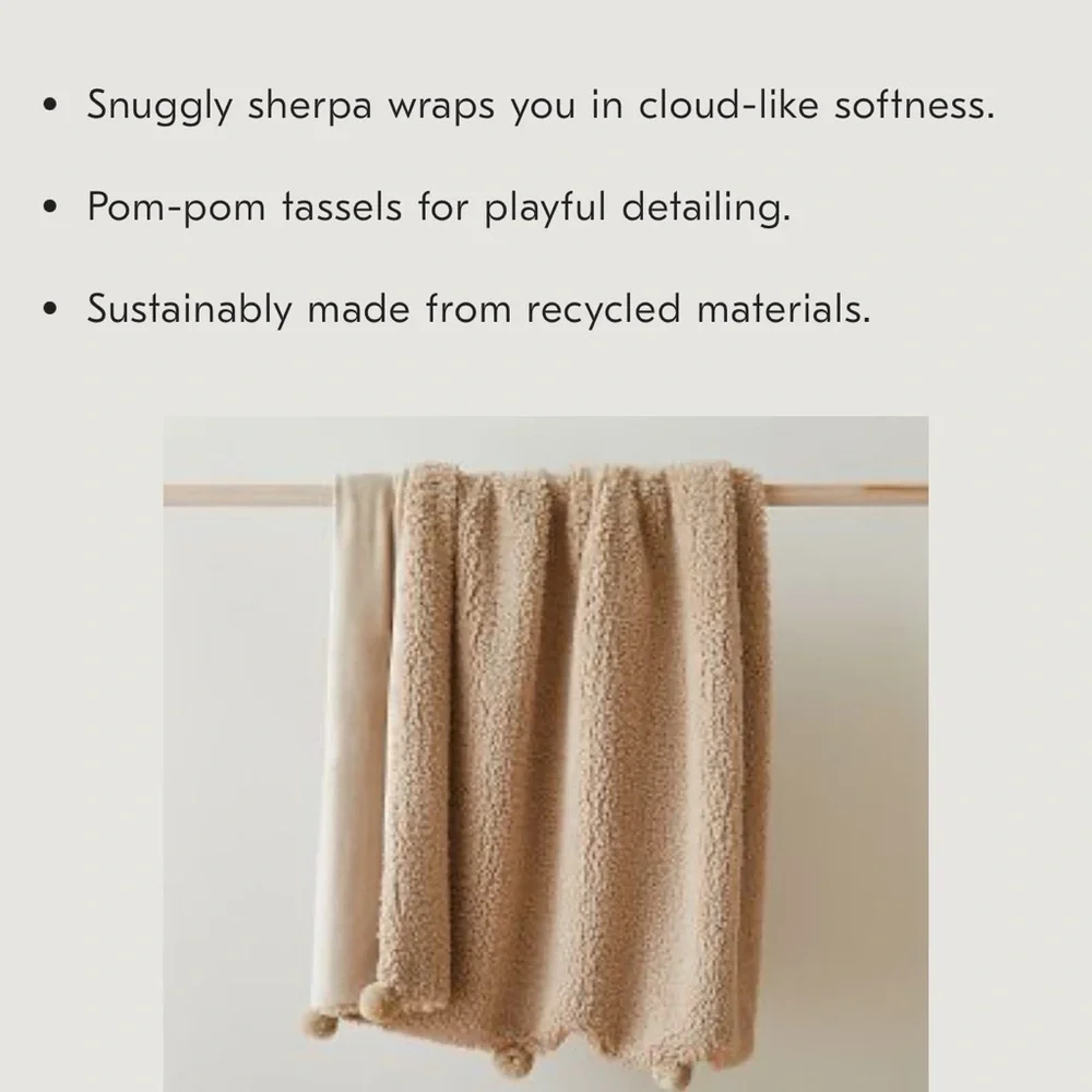 WEST ELM Cozy Sherpa Pom Pom Throw Blanket SABLE 47x60 NWT